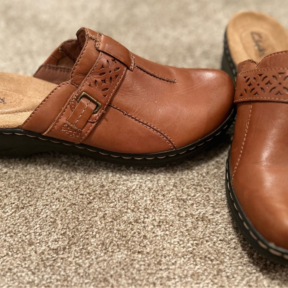 Clarks Tan Leather Slip-On Mules